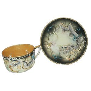 Vintage Japanese Dragonware Teacup & Saucer Set Moriage Demitasse Hand Painted